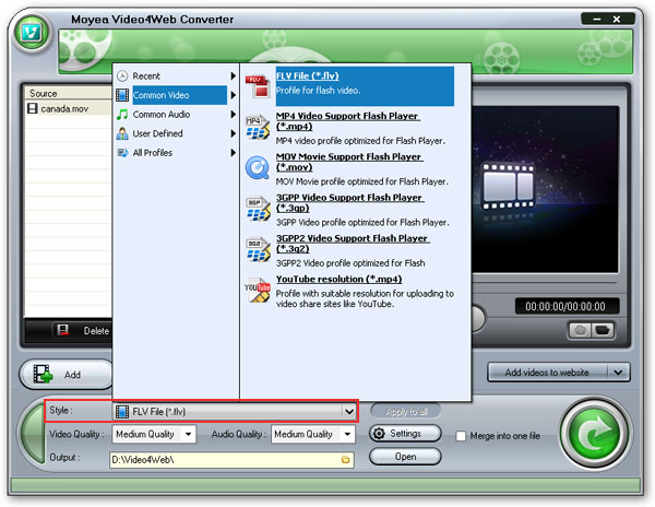 set the output format as FLV before converting mov to flv