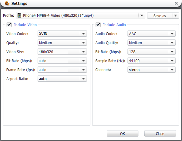 Video Converter panel for setting video size
