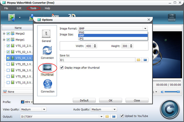 Change image format in Options panel